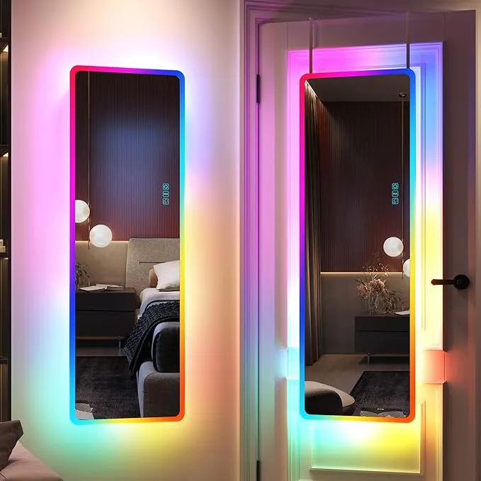 LVSOMT LED RGB Full Length Mirror, Full Body Mirror with Lights, Wall Mounted Lighted Mirror, Over The Door Hanging Mirror, 14 LED Light + Dimmable Brightness + Adjustable Speed, 47" x 16"