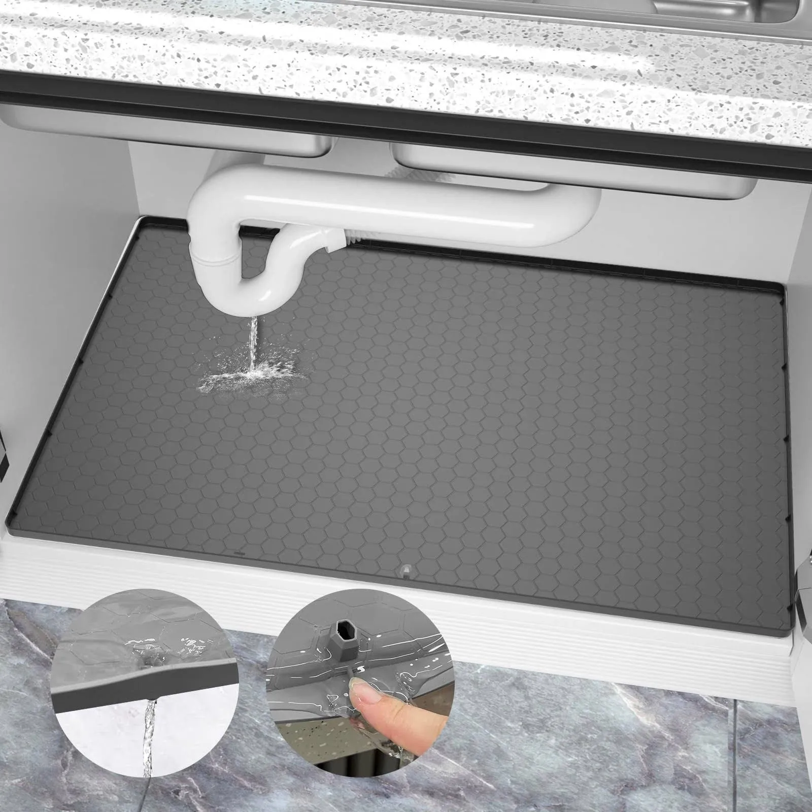 Under Sink Mat 34" x 22", Waterproof Silicone Undersink Mat for Kitchen, Bathroom, Cabinet Protector Fits 36" Standard Cabinets, Under Sink Tray Liner Up to 2.2 Gallons Liquid (Black)