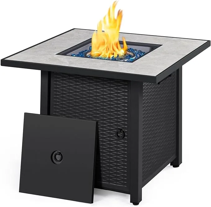 Yaheetech 30" Propane Gas Fire Pit Table 50,000 BTU Square Gas Fire Table with Ceramic Tabletop and Blue Fire Glass for Outdoor/Patio with Rattan Pattern Steel Base/Lid, Black