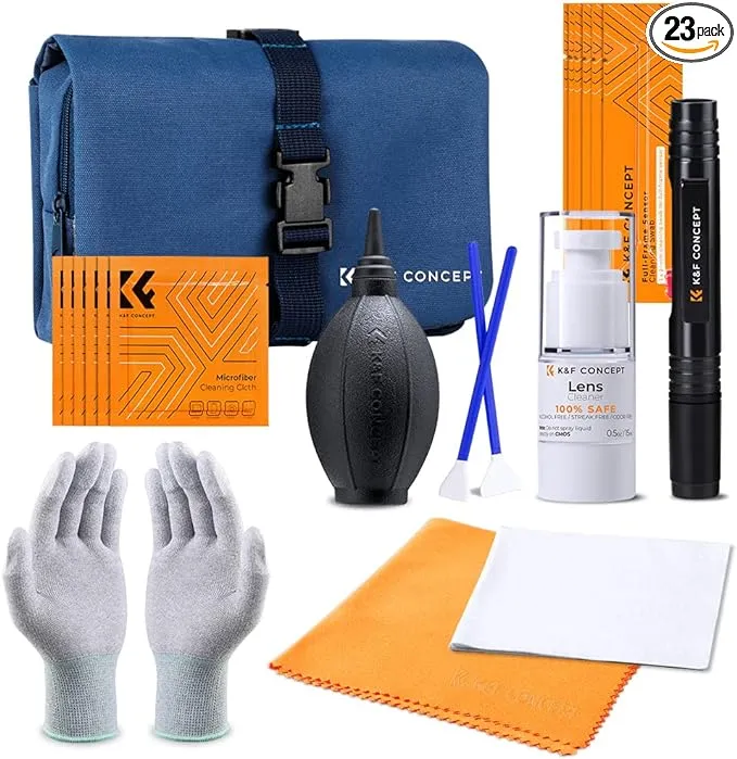 K&F Concept Professional Lens Cleaning Kit for DSLR & Mirrorless Cameras with APS-C/Full-Frame Sensor Cleaning Swabs/Lens Cleaner/Gloves/Camera Blower/Lens Pen Brush/Microfiber Cloths/Carrying Case