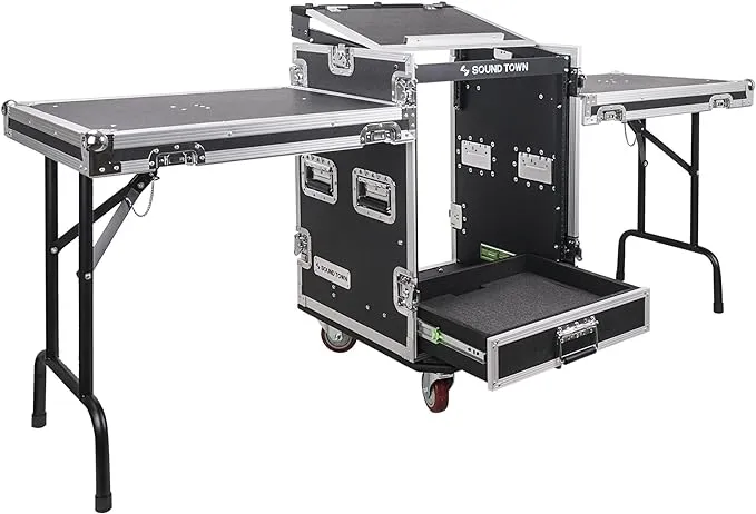 Sound Town 14U PA DJ Pro Audio Rack/Road ATA Case with 2U Drawer, 11U Slant Mixer Top, Two DJ Work Tables, Casters, Pro Tour Grade (MR-DR14UT2)