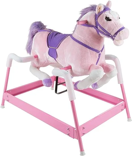 Spring Rocking Horse Plush Ride on Toy with Adjustable Foot Stirrups and Sounds for Toddlers to 5 Years Old by Happy Trails - Pink, Large