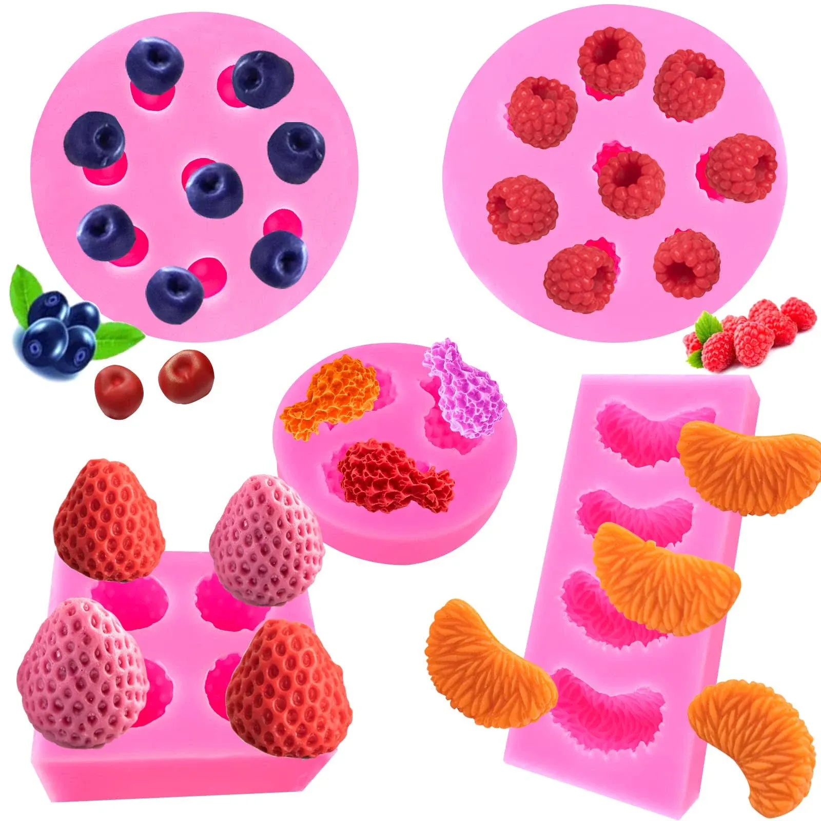 Fruit Shaped Fondant Molds,5 pack, 3D Strawberry, Orange, Pineapple, Raspberry & Blueberry Silicone Fondant Molds for Cupcake Topper, Polymer Clay, Candy, Chocolate,Cake Decoration