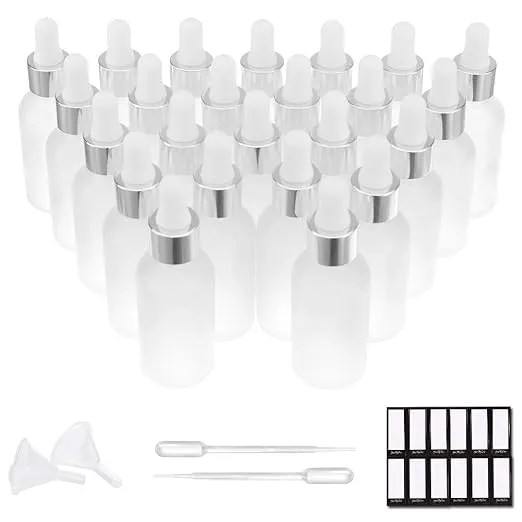 Prettycare Eye Dropper Bottle 1 oz (24 Pack Frosted Glass Bottles 30ml with Silver Caps, 48 Labels, Funnel & Measured Pipettes) Empty Tincture