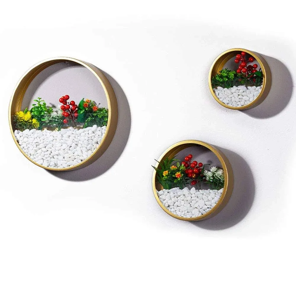 3 Pack Set Modern Wall Planters Succulent Planter, Circle Metal Flower Pot Indoor Air Plant Vertical Container Hanging Vase Home Wall Decor Size S,M,L Golden, with 3 Artificial Succulent Plants