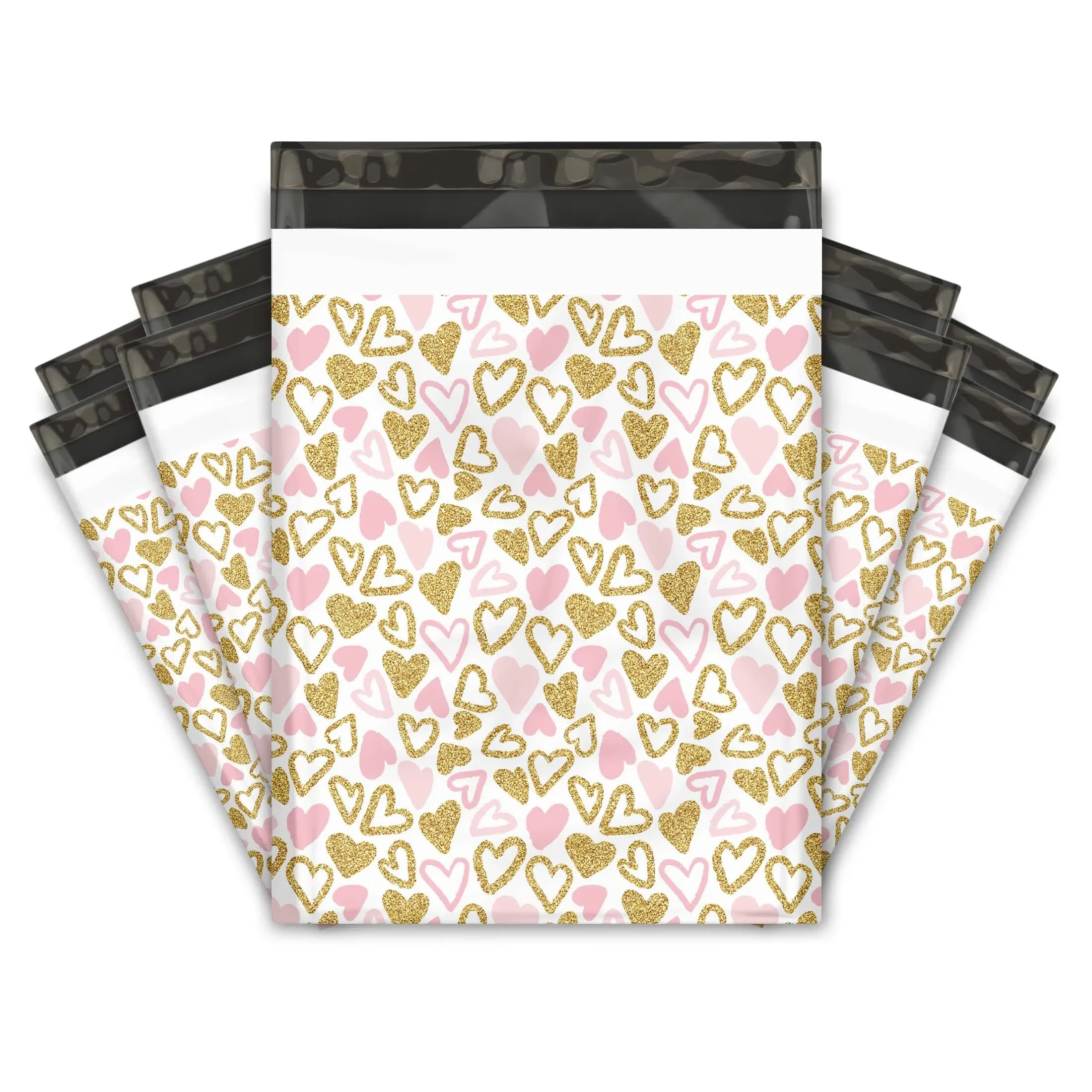 19x24&quot; Pink and Gold Hearts Designer Poly Mailers Shipping Envelopes Premium Printed Bags