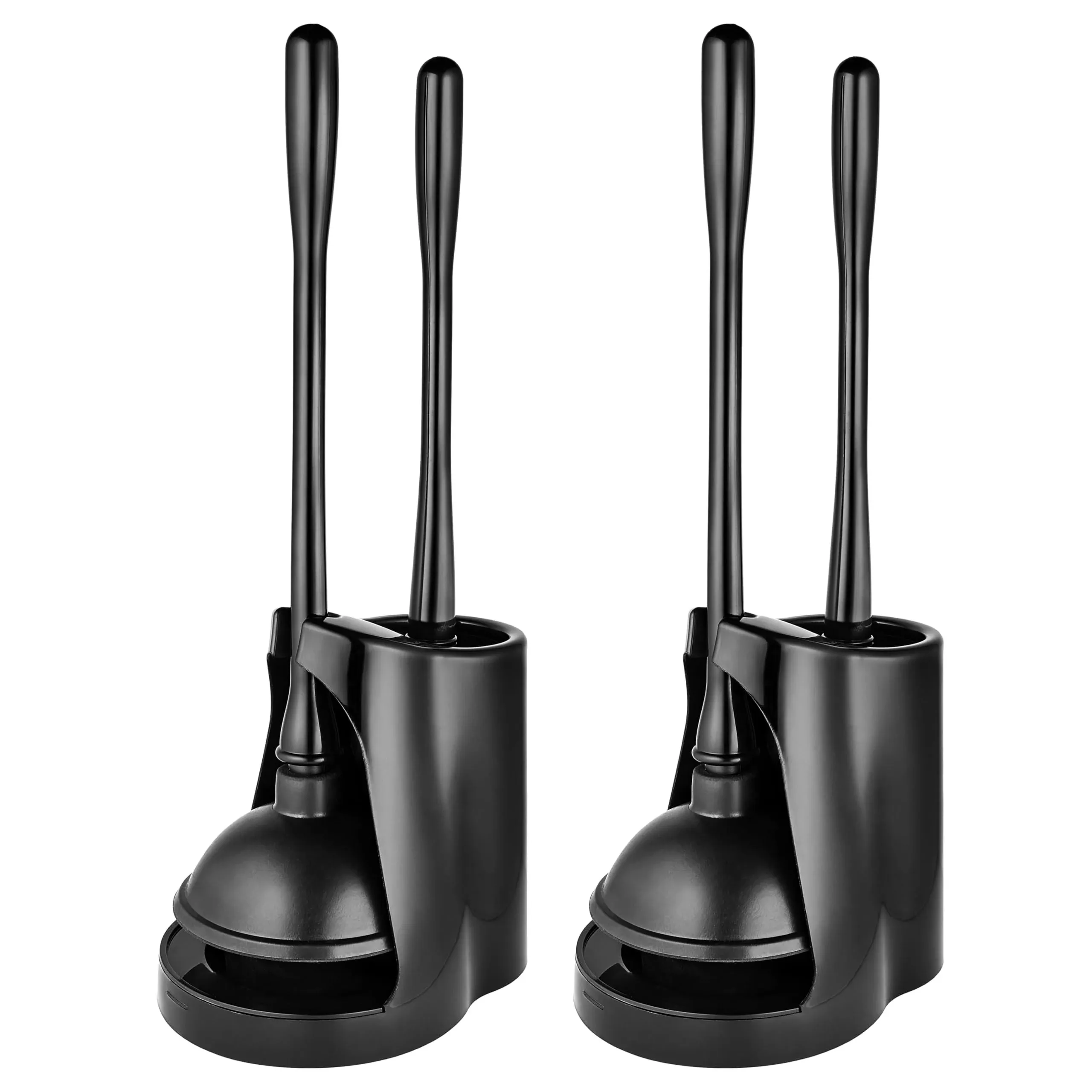 Toilet Plunger and Brush Set in Black (2 Pack) Bathroom Cleaning Essentials, Heavy Duty Scrubber Brushes, Rubber Plungers with Holders, Urinal Bowl Cleaner - Stock Your Home