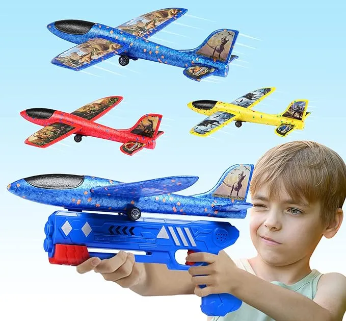 Airplane Launcher Toy, 1 Airplane Launcher with 3 Pack Led Light Foam Glider Pla