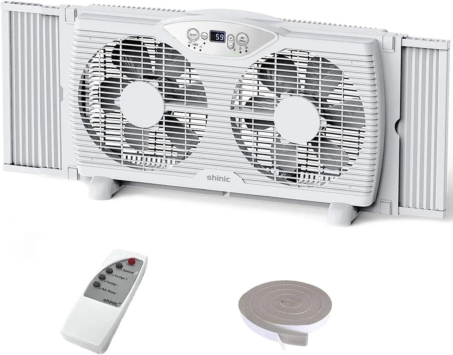 Shinic Twin Window Fan with Remote, 9-Inch Blades Reversible Airflow, Thermostat Control, 3 Speeds, 3 Functions, 23.8"-37" Expandable Width, Window