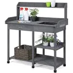 Yaheetech Outdoor Potting Bench Table Potters Benches Garden Workstation for Horticulture with Drawer/Adjustable Shelf Rack/Removable Sink/Hooks/Pads, Gray