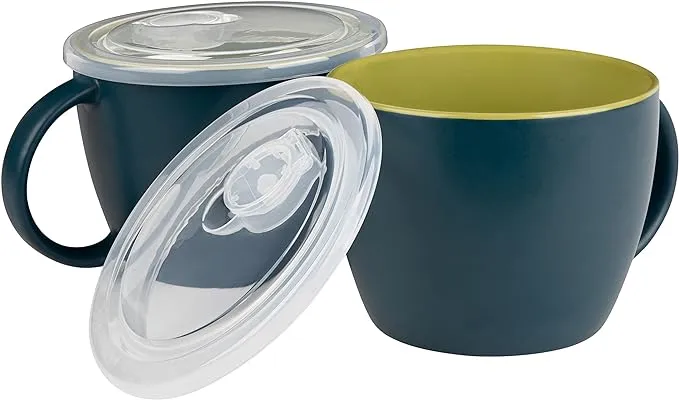 KooK Ceramic Soup Mugs, with Handle and Vented Plastic Lid, Microwave Safe, Travel Cups, for Coffee, Cereal, Noodles and Tea, 25 oz, Set of 2 Navy/Chartreuse