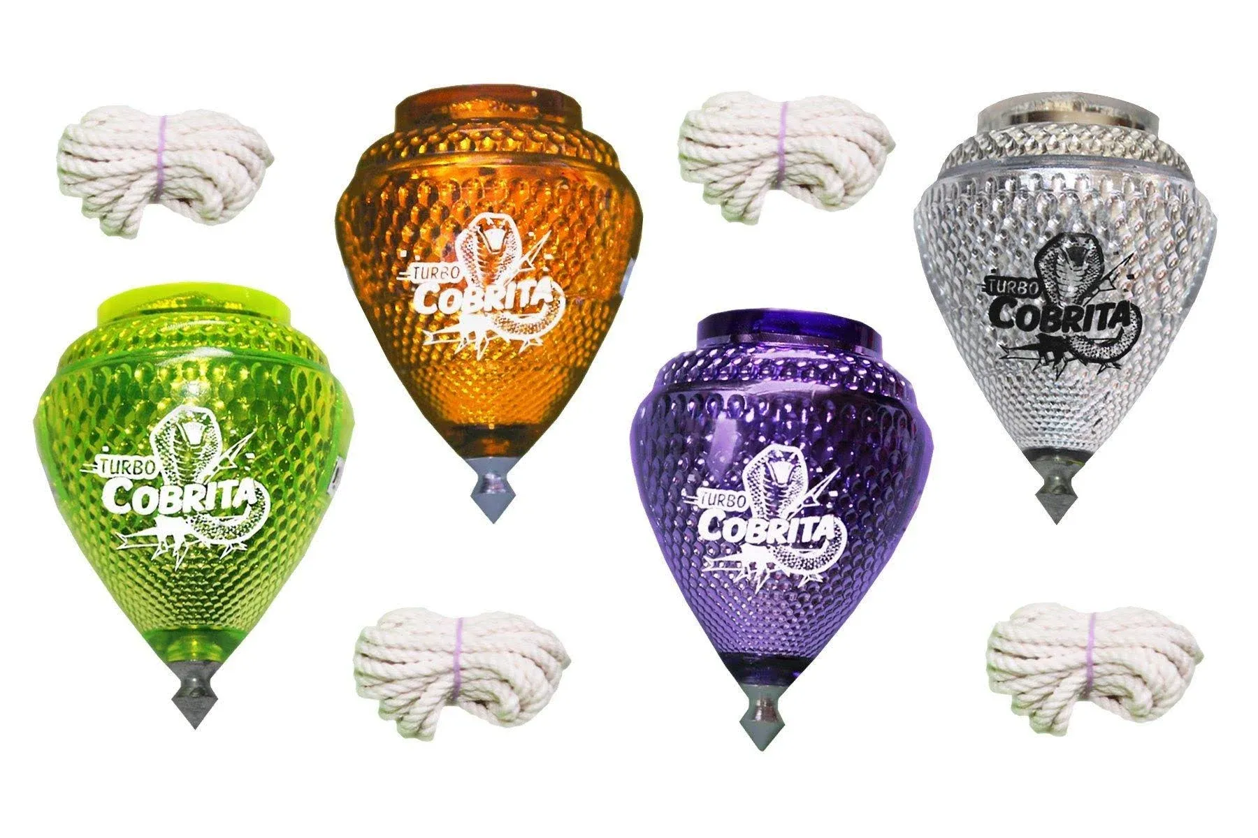 4 Pack Mini Cobra Durable Plastic Spin Tops & Metal Tip Made in Mexico - Trompo Mexicano COBRITA Plástico Durable & Punta de Metal (Pack of 4 Assorted Colors)