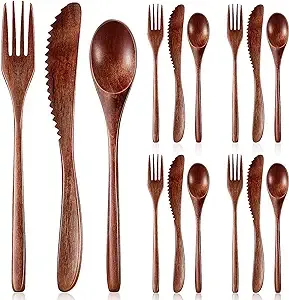 Wooden Cutlery Set for Dinner, Kitchen Flatware Tableware Utensil Set Includes Spoon, Fork, Knife (12 Pieces)