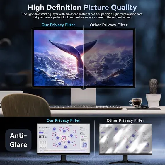 27 Inch Computer Privacy Screen Filter for 16:9 Widescreen Monitor, Removable Eye Protection Anti Glare Blue Light Filter Privacy Shield, Anti Scratch Anti Spy Screen Protector Film 27 In