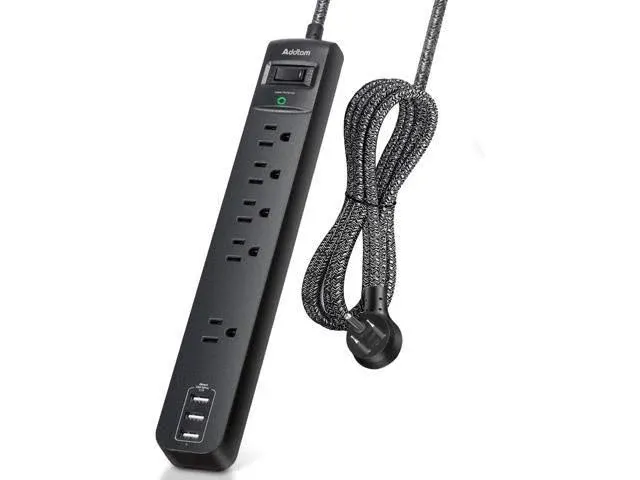 10 ft Power Strip Surge Protector- 5 Outlets 3 USB Ports, Flat Plug Braided Extension Cord, Overload Surge Protection, Wall Mount for Hotel, Home and