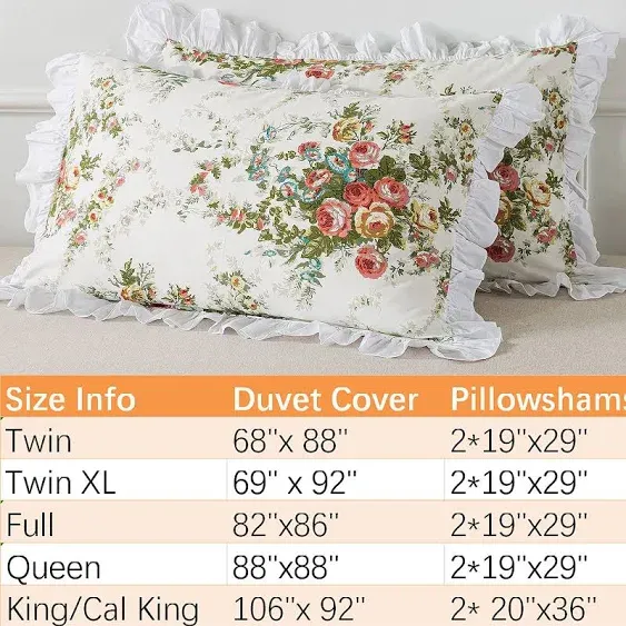 FADFAY Floral Duvet Cover Set King/Cal King（102×96 inches） 100% Cotton Ruffle Vintage Rose Comforter Cover Set, Red Teal Flower Printed Off White Girls Shabby Bed Covers,Soft and Breathable, 3Pcs