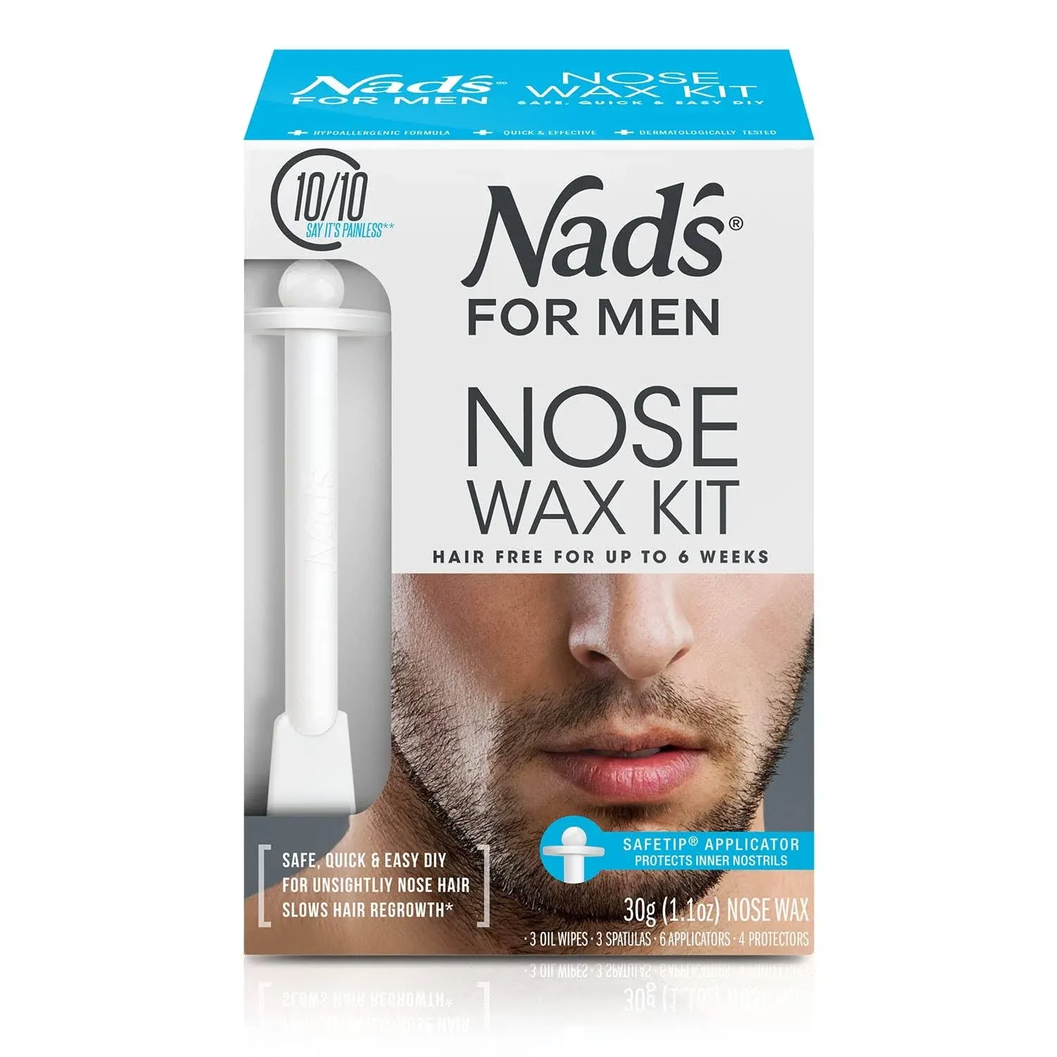 Nad's For Men Nose Waxing Kit, Nose Hair Removal, Nose Wax, Wax Kit Includes 30g Hard Wax, 4 Moustache Protectors, 6 Applicators, 3 Spatulas, 3 Post Wax Wipes