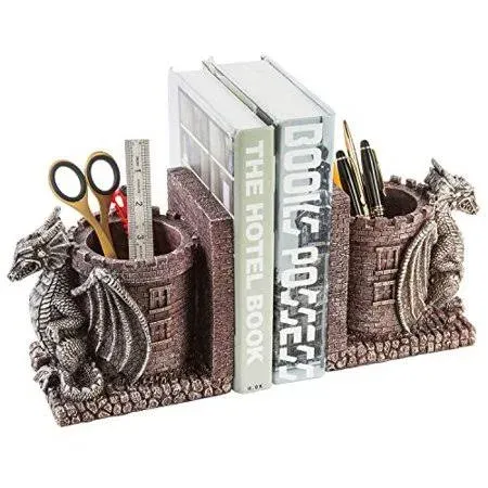 Dragon Guard Castle Decorative Resin Bookends, Stone Colored Pencil Holders