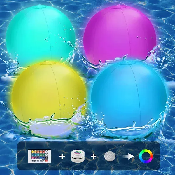 4 Pack Light Up Beach Balls, LED Glow In The Dark Pool Ball, Floating Inflatable Beach Pool Toy with 4 RC,16 Colors Lights 4 Modes,Outdoor Indoor Halloween Christmas Party Decoration for Kids Adults