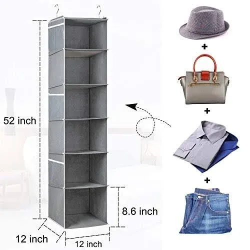 Univivi 6-Shelf Hanging Closet Storage Organizer, Hanging Closet Organizer with Drawers and 6 Side Pockets Closet Hanging Shelves for Baby, Nursery, Closet, Clothes, Tshirts - Gray