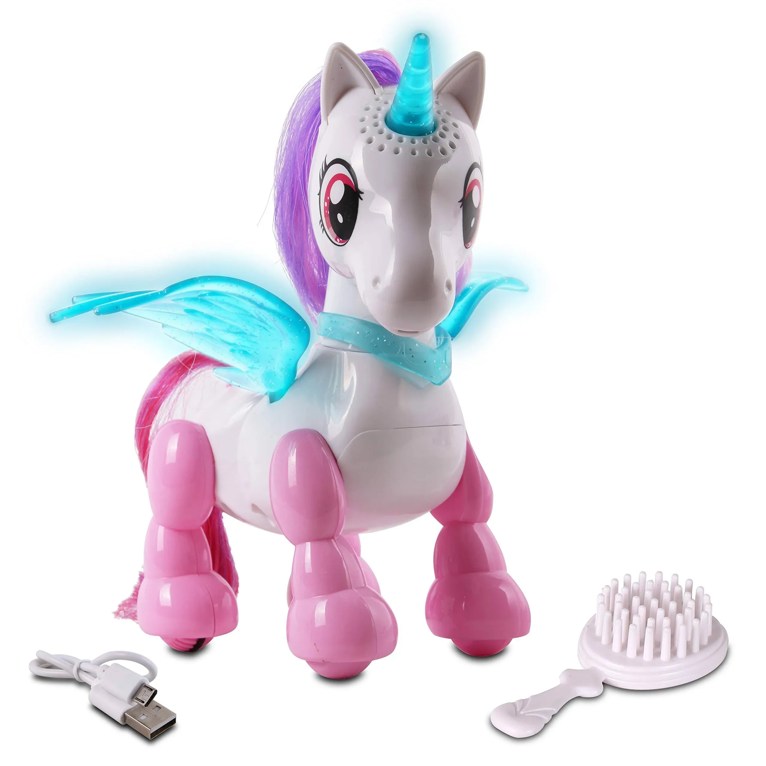 NKOK USB PetBotz - Robo Unicorn, Rechargeable, Miniature, Interactive pet Robot, Lights up, Sound Activated, Makes Noises on Command, Comes with Necklace and Hair Brush, USB Charger Included