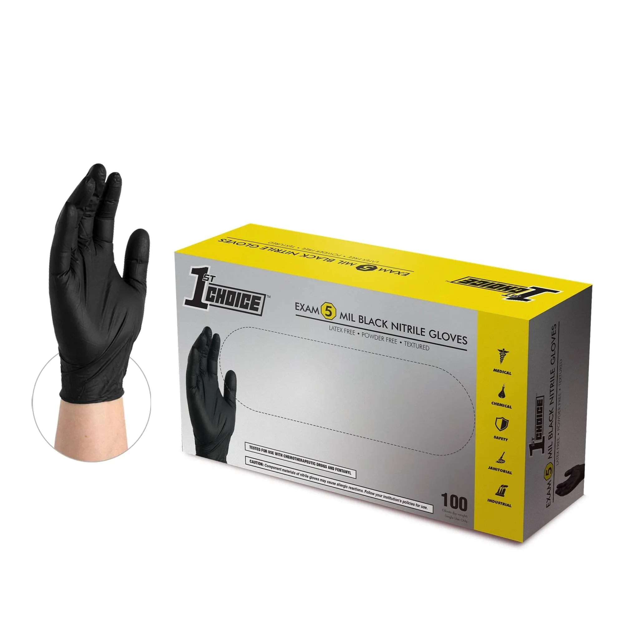 1st Choice 5 mil Disposable Gloves, Black Nitrile Exam Gloves, Small Case of 1000 Gloves, Disposable, Latex Free, Chemo Safe