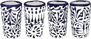 Talavera Shot Glasses Set of 4 Authentic Mexican Tequila Shot Glasses - Hand-painted - 2 Oz (Blue Lace)