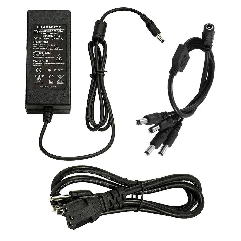 InstallerCCTV 12V 5A Power Adapter & 4-Way Splitter Pigtail Cable, 3 Prong Power ...