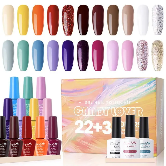 Candy Lover Gel Nail Polish Kit with Top Coat Base Coat Matte Coat 22 Colors UV Gel Polish Girls Ladies Women Nail Gel Polish Kit Holiday Gift Soak Off Gel Nail Set Gel Nail Polish