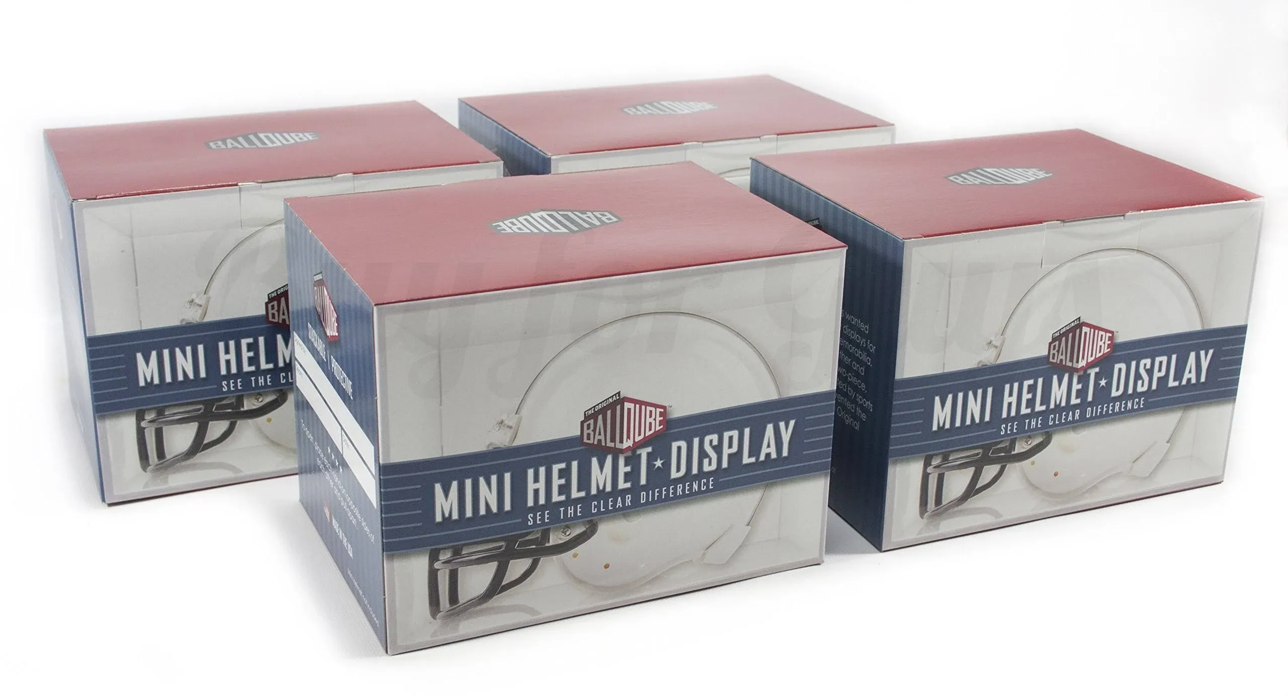 Mini Football Helmet Display Case- 4 Pack of 7 Inch Crystal Clear Display Holders that Fits all Models of Miniature Foot Ball Helmets, Goalie Masks, and other Small Sports Gear