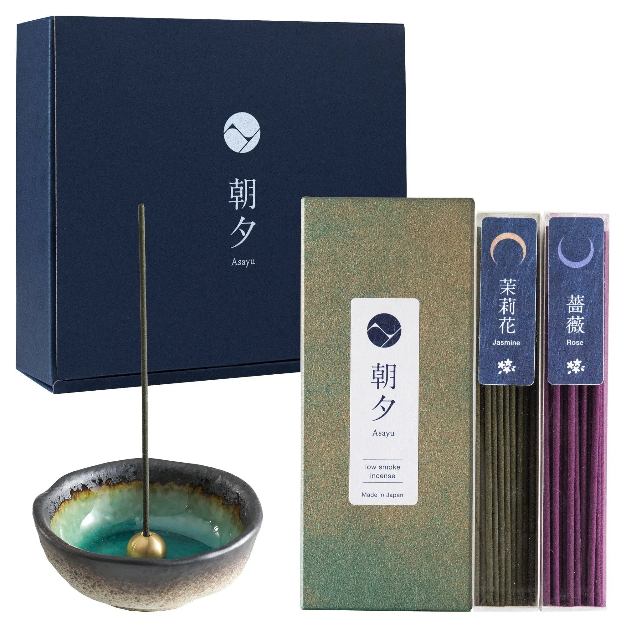 Low Smoke Incense Gift Set   Floral Set (Jasmine & Rose)  + Mini Nature Aquamarine Incense Holder 