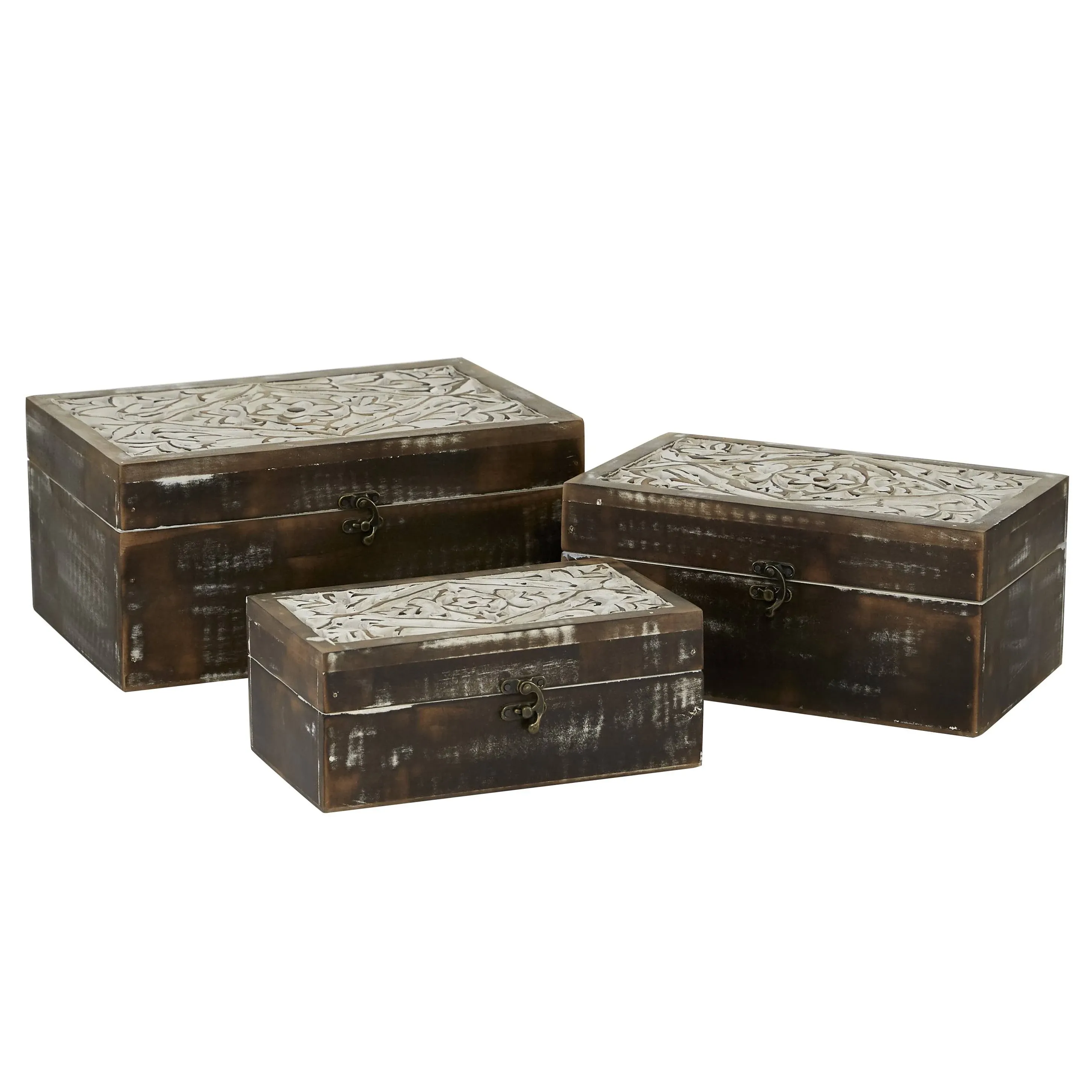 Deco 79 Wood Floral Handmade Decorative Box Decorative Keepsake Boxes with Hinged Lid, Set of 3 Storage Boxes 12", 11", 9"W, Brown