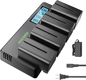 Neewer 4 Packs NP-F750 Replacement Batteries 7.4V 5600mAh with 4 Channel Battery Charger & Power Adapter, Compatible with NP-F550/750/770/970 FM500H QM71D QM91D, Field Monitor, Video Light