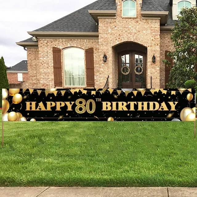 Large Happy 80th Birthday Decoration Banner, Black and Gold Happy 80th Birthday Banner Sign, 80th Birthday Party Decorations Supplies(9.8x1.6ft)