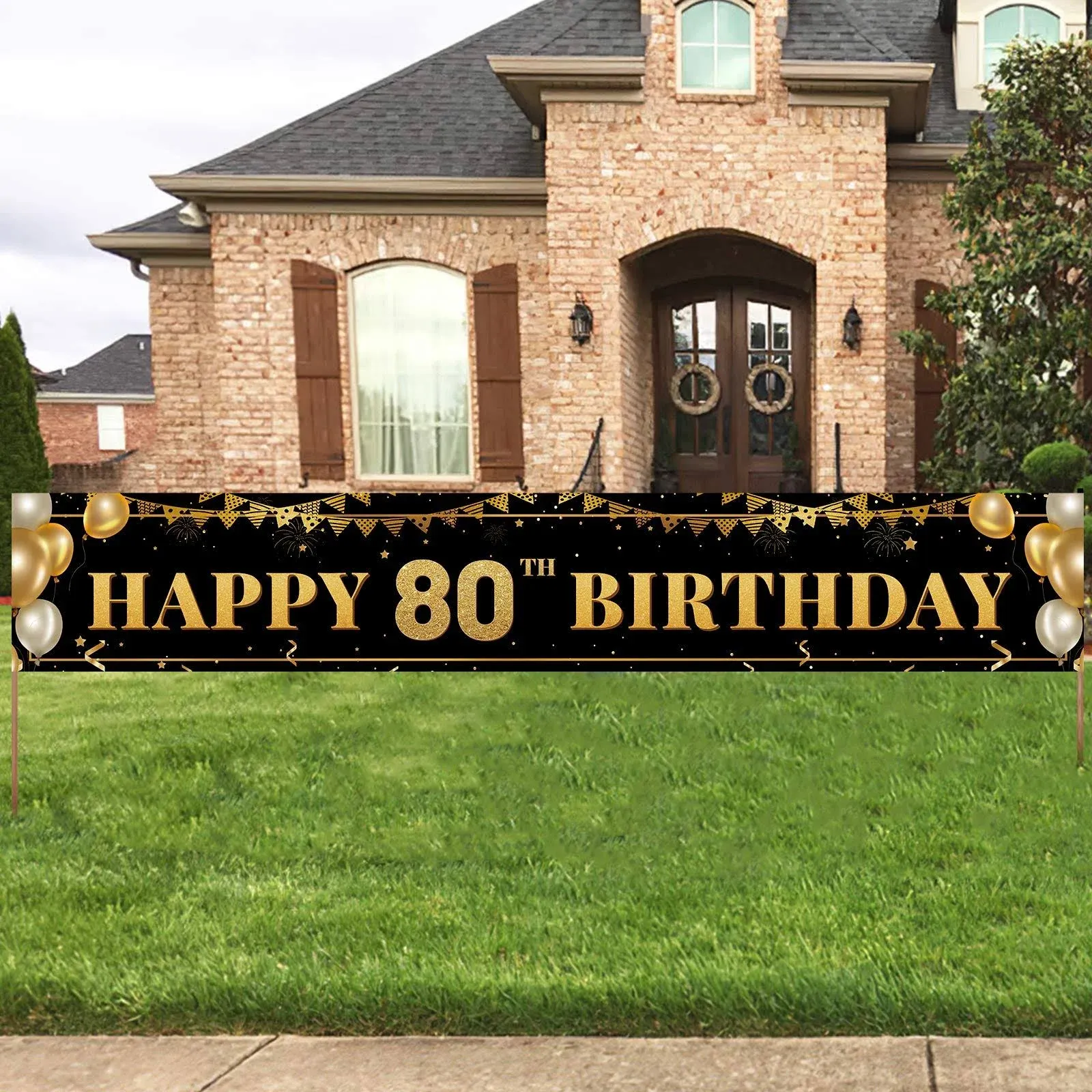 Large Happy 80th Birthday Decoration Banner, Black and Gold Happy 80th Birthday Banner Sign, 80th Birthday Party Decorations Supplies(9.8x1.6ft)