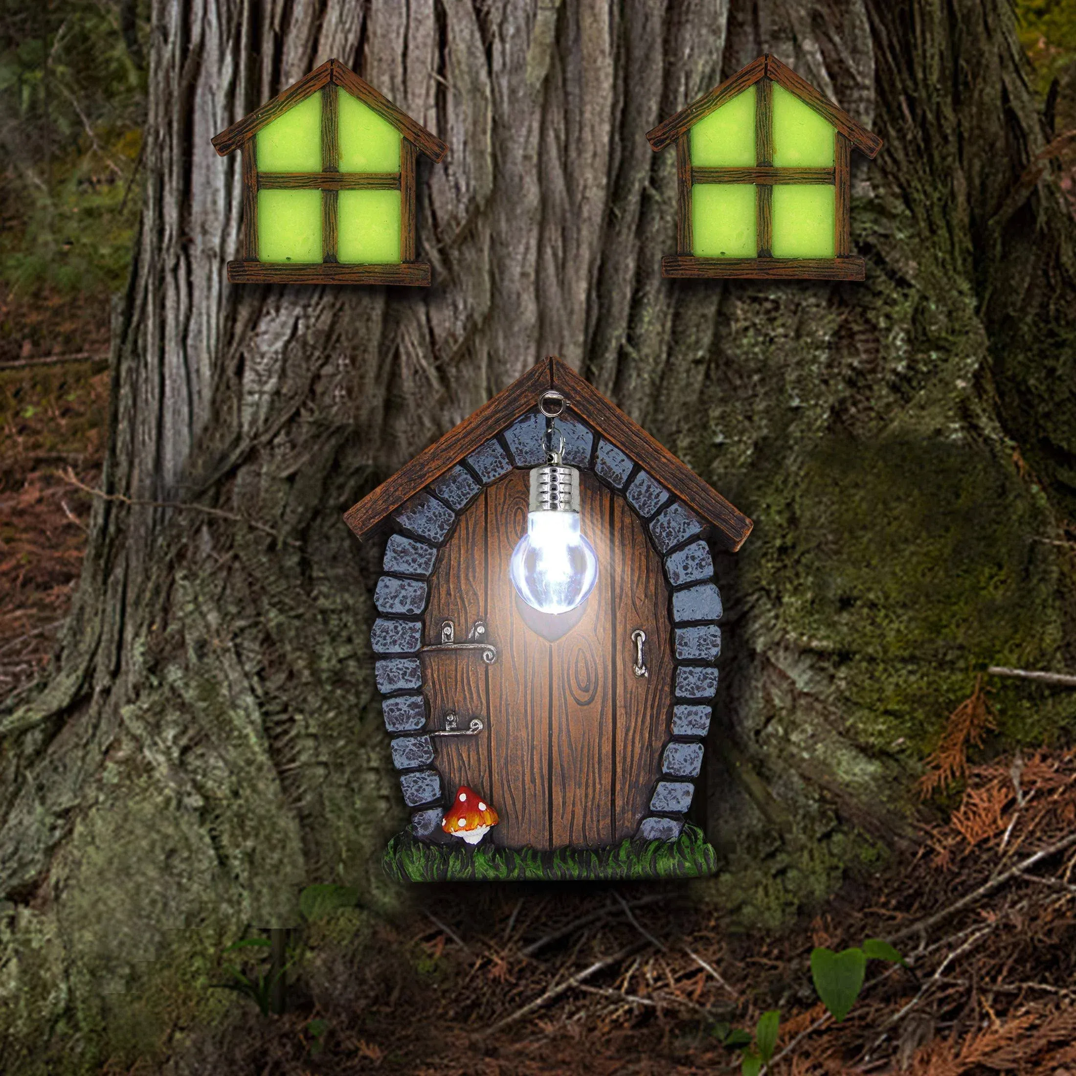 Fairy Gnome Home Miniature Window and Door with Litter lamp for Trees Decoration