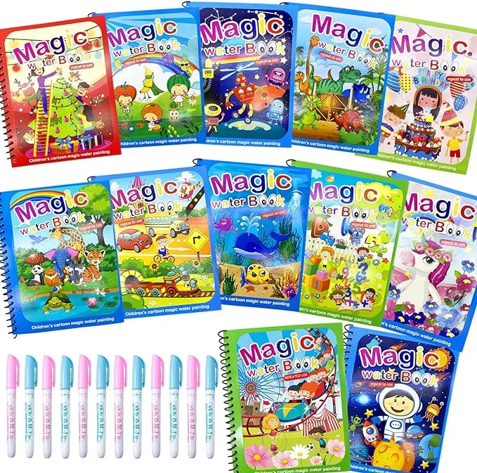 Dduolammng 12 Pack Water Coloring Books,Water Doodle Book Toys,Reusable Water Painting Book for Toddlers,Educational Learning Kits Gifts