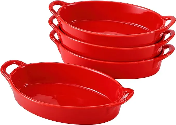  Set of 4 Oval Au Gratin 8&#034;x5&#034; Baking Dishes, Lasagna Pan, Ceramic 16 Ounce Red