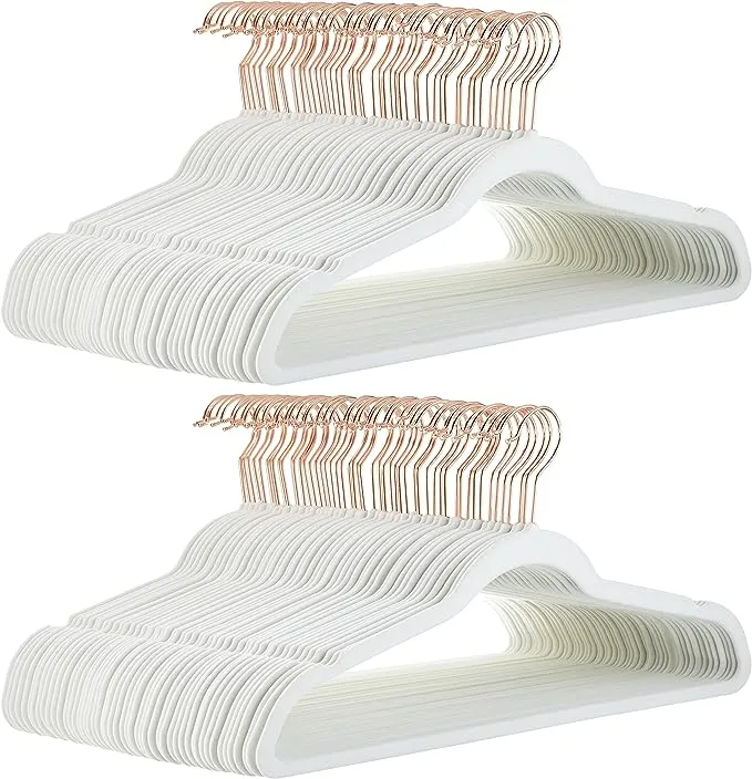 Basics Slim, Velvet, Non-Slip Clothes Suit Hangers, Ivory/Gold - Pack of 100