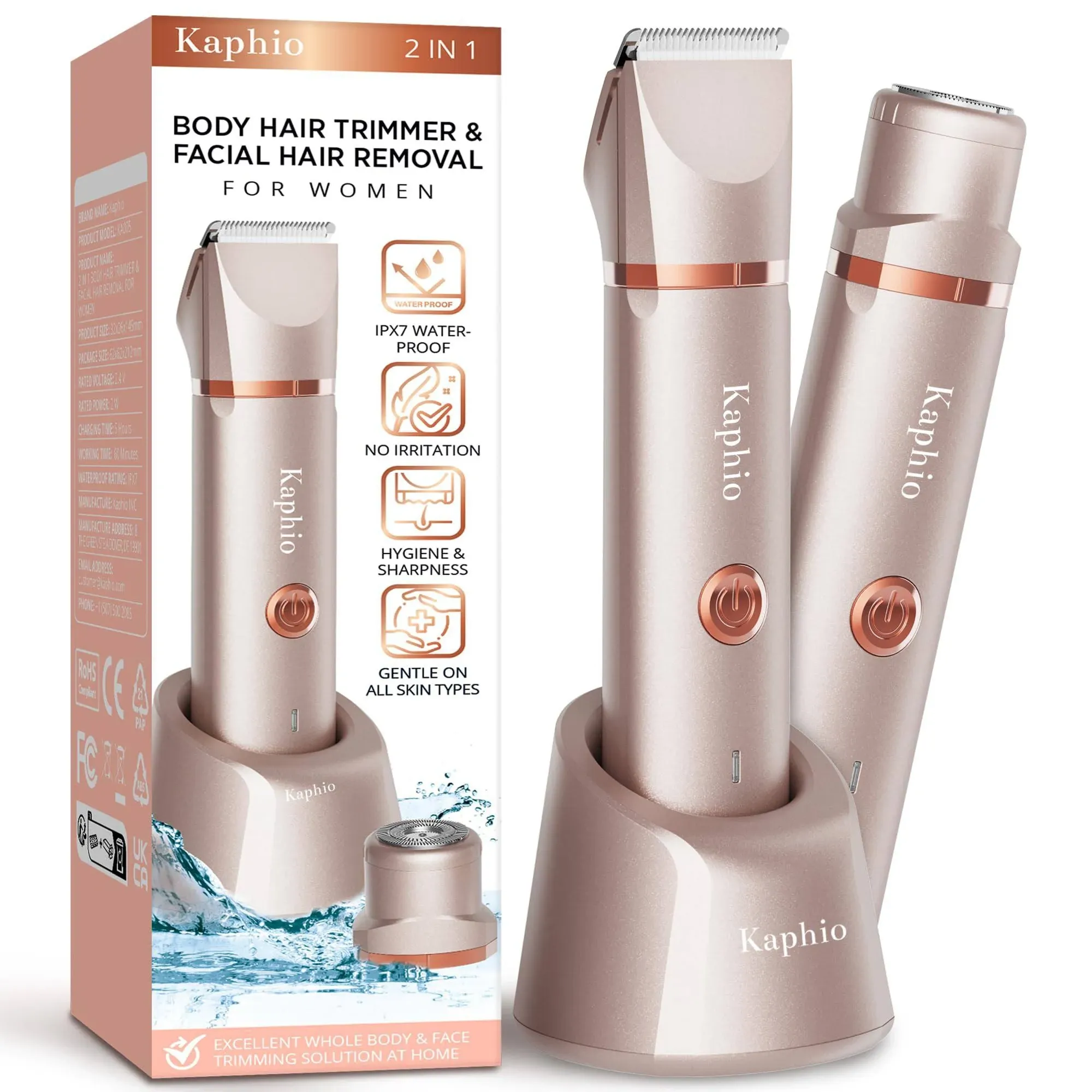 Kaphio Electric Bikini Trimer Shaver Women 2 in 1 Ipx7 Waterproof Wet Dry Use Body Hair Trimmer and Facial Hair Remover Rec