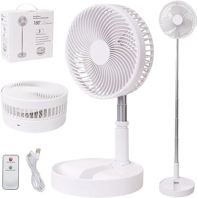 Portable Desk Fan,Foldable Fan Pedestal Stand Floor Fan with Remote Controller Adjustable Height from 14.2'' to 39'', 4 Speeds, 7200mAh Rechargeable Telescopic USB Charging