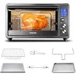 TOSHIBA AC25CEW-BS Large 6-Slice Convection Toaster Oven Countertop, 10-In-One with Toast, Pizza and Rotisserie, 1500W, Black Stainless Steel, Includes 6 Accessories