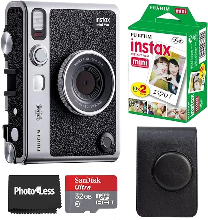 Fujifilm Instax Mini Evo Hybrid Instant Camera Black Bundle with Instax Mini Instant Film 20 Sheets, 32GB microSD Card, Vintage Style Black Camera