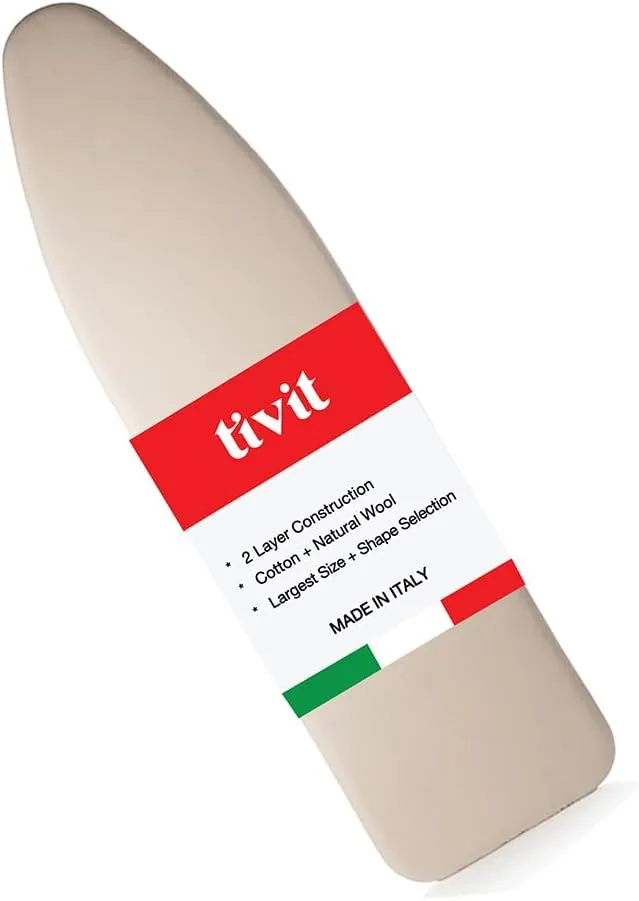 TIVIT Ironing Board Cover 15 x 48 Standard Chemical Free Eco-Friendly Padded Covers - Unbleached, Untreated Natural Cotton & Wool Pad - 2 Layer, 3 Fastener Straps, Pull Bungee Cord - Made in Italy