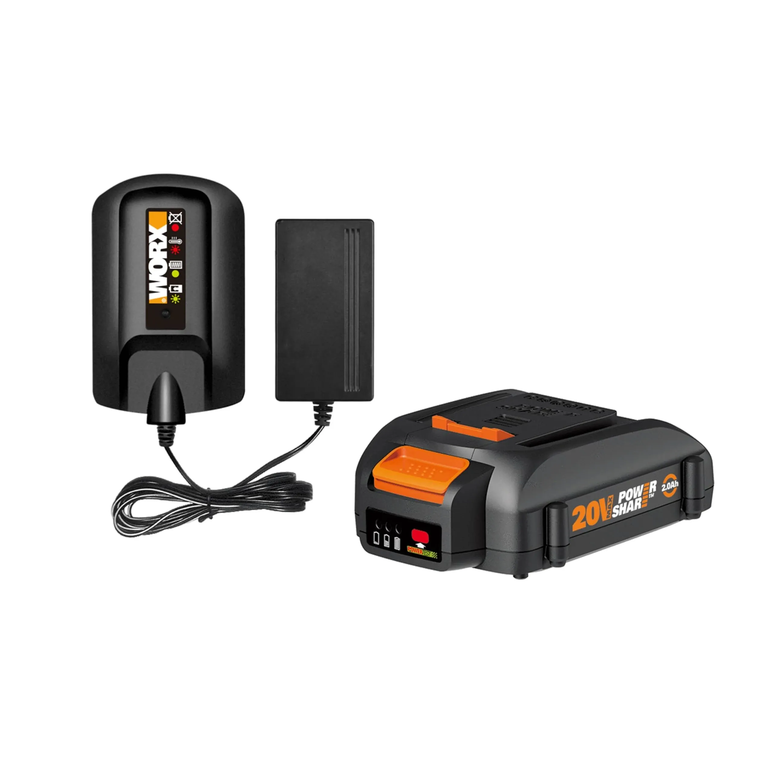 WA3606, 2.0Ah, Indicator, 5 Hr Charging Time 20V Battery and Charger, Black &amp; Or