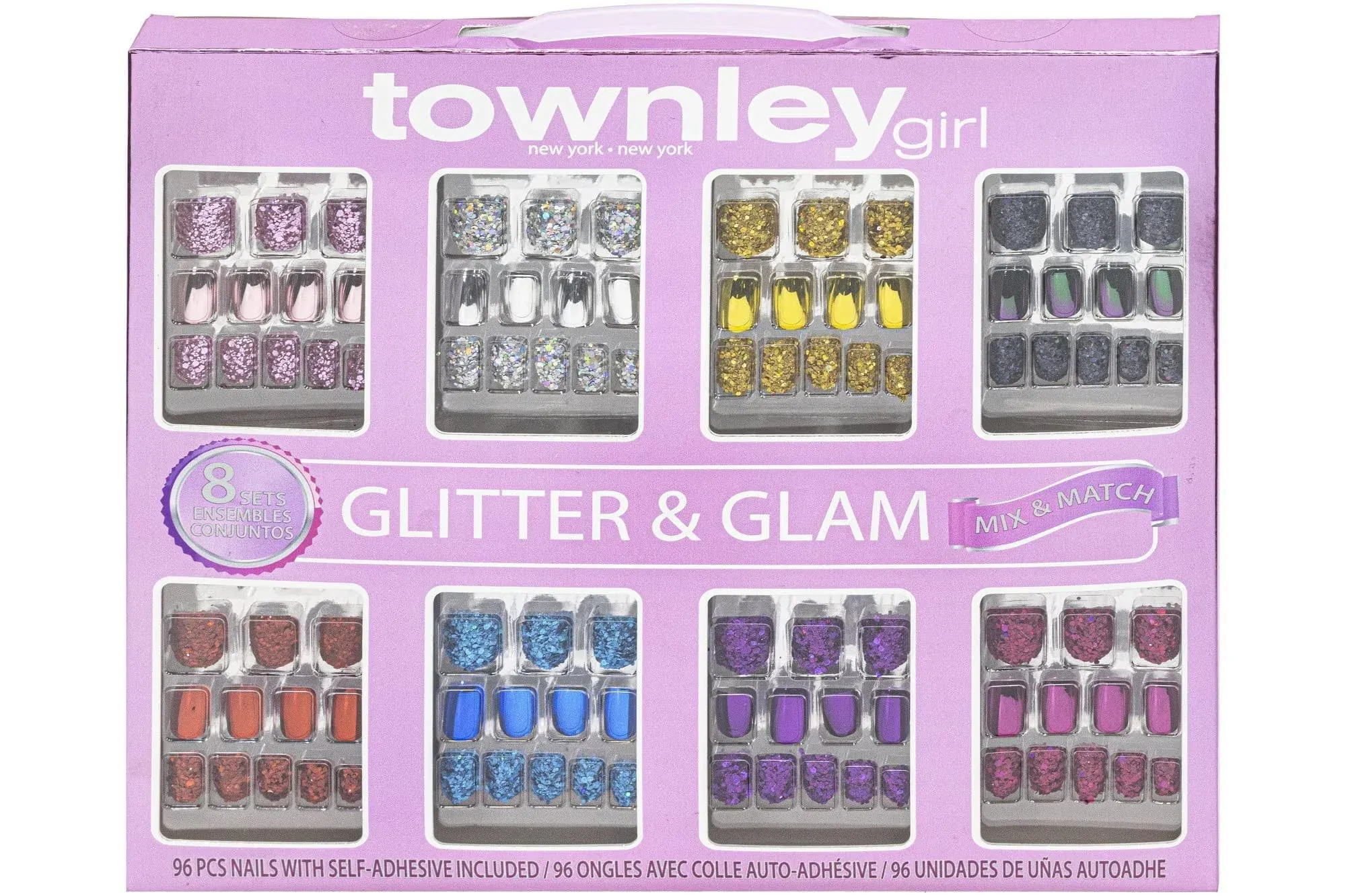 Townley Girl 96 Pcs Glitter-Glamup & Metallic Press-On Nails Artificial Fake False Nails Set for Tweens with Pre-Glue Full Cover Acrylic Nail Tip Kit, Great for Gifts, Parties, Sleepovers & Makeovers