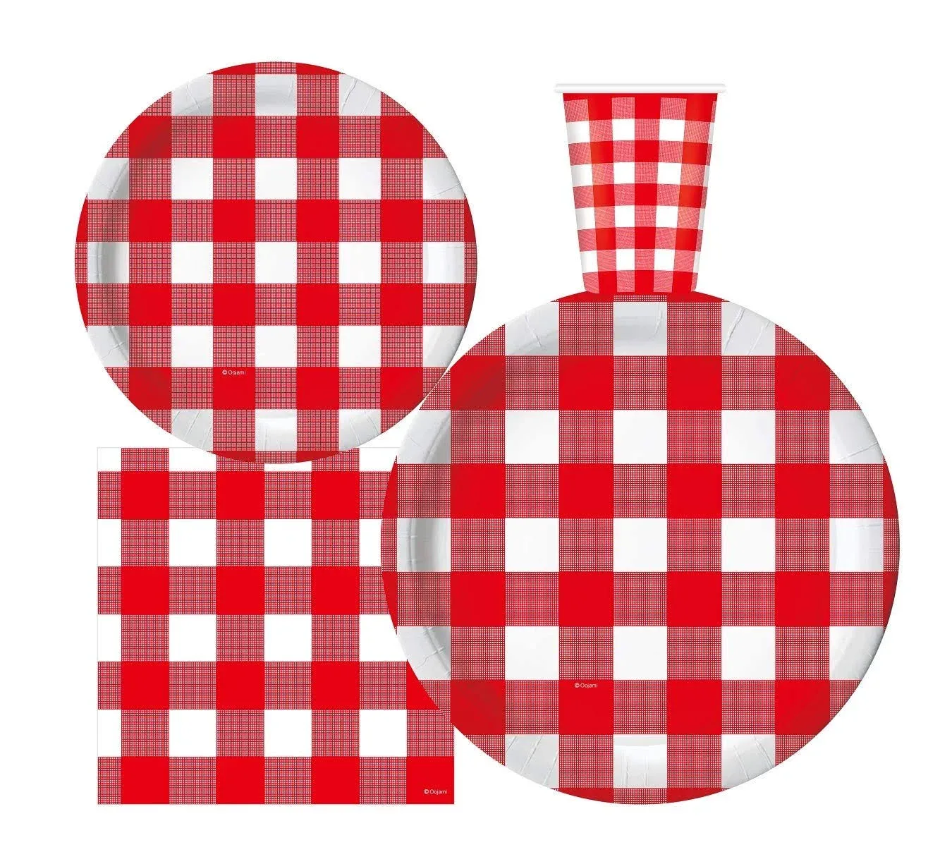 Oojami Red Gingham Party Pack for 30 - Includes Checkered Dinner & Dessert Plates, Cups, Napkins - Ideal for Picnics, BBQs, Barnyard Parties Red and White Checkered