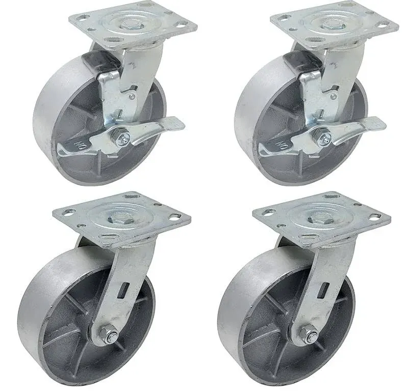 5 inch x 2 inch Steel Heavy Duty Industrial Casters, 2 Swivel Top Lock Brake & 2 Swivel Top Plate Casters, 4000 LBS Load Capacity (4-Pack) - ICON 6650 Series