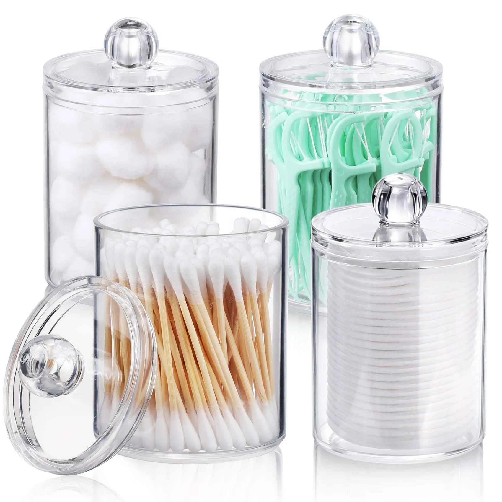 4pcs Clear Plastic Swab Holders With Lid, Dust-proof Storage Jars For Floss, Powder Puffs, Beauty Eggs, Household Storage Organizer For Vanity, Dresser, Desktop, Bathroom, Home, Dorm, 10oz