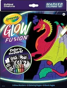 Crayola Glow Fusion, Glow in The Dark Coloring Set with Markers, Mythical Creature Coloring Pages, Gift for Kids